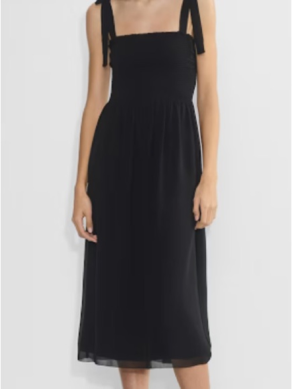 Aritzia Wilfred Black Smocked Midi Dress with Tie Shoulder Straps
